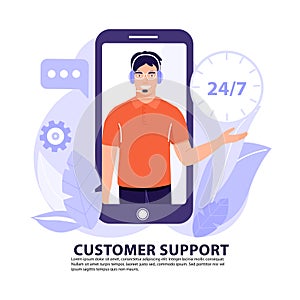Online assistant or customer support concept. Man operator on phone screen with headset talking with client.