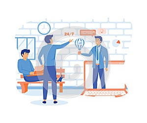 Online assistant, virtual help service. Advises client. Customer and operator, online technical support.