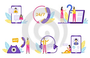 Online assistant. Virtual technical support service, personal assist and hotline operator communication vector illustration set