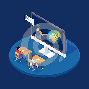 Online astronomy lesson isometric vector concept. Remote teacher tells children about earth and space illustration