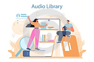 Online audio library concept set. Using mobile phone for learning