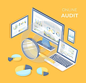 Online audit, analysis, research, report, analytics, concept. Web and mobile service. Charts graphs on screens of laptop, monitor,