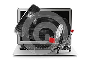 Online auto store, delivery service. Modern laptop, shopping cart and car tires on white background