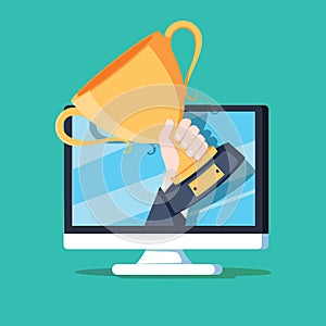 Online award goal achievement vector, flat cartoon computer and success winner holding golden cup prize
