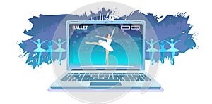 Online ballet productions banner. Virtual classic choreography in laptop isolated on white background. Live theatre photo