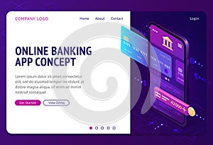 Online banking app isometric landing page, banner