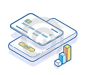 Online banking app landing page isometric contour style. E-payment screen. Smart wallet concept with credit, debit card