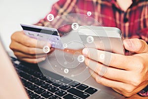 Online banking businessman using smartphone with credit card Fin photo