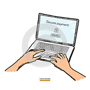 Online banking on computer. Secure payment text on screen. Hands on keyboard. Transfer money from transaction account