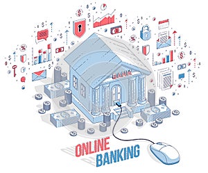Online Banking concept, bank building with computer mouse connected isolated on white background. Isometric 3d vector finance