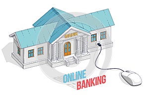 Online Banking concept, bank building with computer mouse connected isolated on white background. Vector 3d isometric business