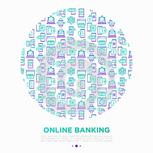 Online banking concept in circle with thin line icons: deposit app, money safety, internet bank, contactless payment, credit card