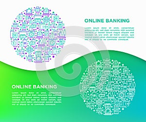 Online banking concept in circle with line icons