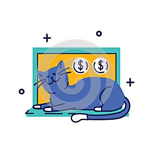 Online banking concept with cute cat. Flat vector illustration template, Banking investment, Deposits, Exchanges, Money