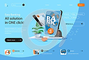 Online banking concept in flat cartoon design for homepage layout