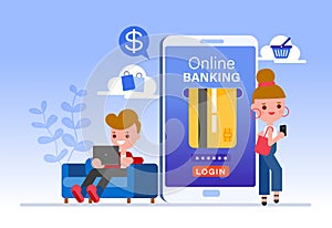 Online Banking concept, People cartoon character making payment with credit card on smartphone and laptop. Mobile shopping.