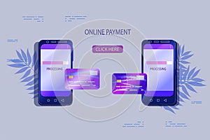 Online banking concept. Smartphone with credit card. Internet payment concept banner. Flat vector illustration