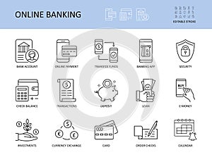 Online banking. Editable stroke vector icons. Bank account emoney transfer funds online payment. List of recent transaction