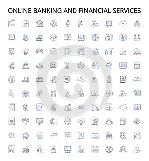 Online banking and financial services outline icons collection. online, banking, financial, services, payments