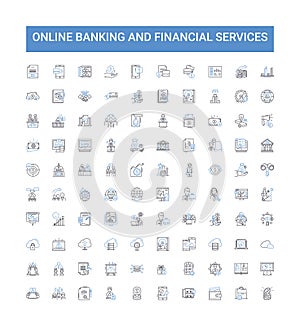 Online banking and financial services outline icons collection. online, banking, financial, services, payments