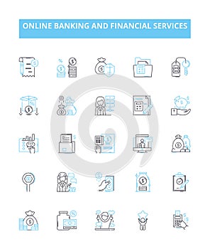 Online banking and financial services vector line icons set. Banking, Online, Financial, Services, Transaction, Payment