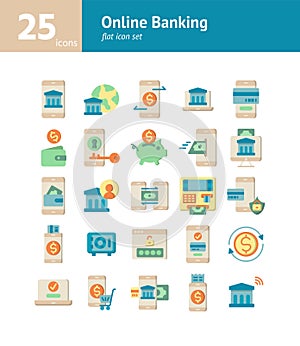 Online Banking flat icon set.