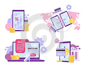 Online banking flat vector illustrations set