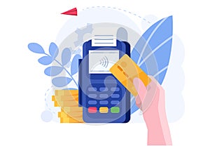 Online banking, handy credit card payment concept and vector illustration on white background. Online payment in