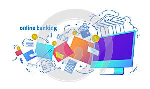 Online banking internet electronic payment horizontal banner computer virtual money transaction sketch doodle