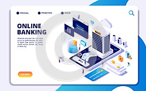 Online banking isometric landing page. Internet money transfers, secure payment smartphone paying protection. Banking