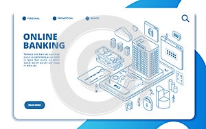 Online banking isometric landing page. Money transfers, secure transaction, currency exchange with phone. Vector website