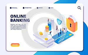 Online banking isometric landing page. Vector internet money transfers, secure payment, mobile banking app