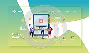 Online Banking Landing Page. Mobile Payment Banner with Flat People Characters Making Payments Using Smartphone Website