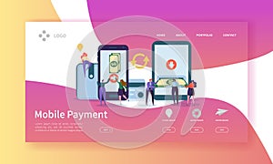 Online Banking Landing Page. Mobile Payment Banner with Flat People Characters Making Payments Using Smartphone Website