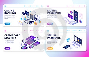Online banking landing page. Mobile payments, credit card security vector banners
