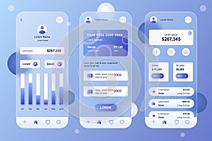 Online banking neumorphic elements kit for mobile app. Accounting in profile, financial statistics graph, credit cards. UI, UX,