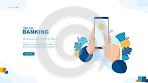 Online banking page concept. Hands holding smartphone. Banking operations online. Application. Financial success. Business.