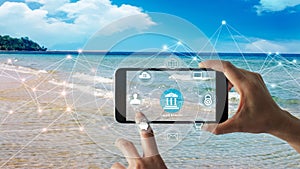 Online banking and payment, Man using mobile smartphone, Shopping, Payment on relaxing vacation the beach and blue wave background