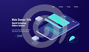 Online banking, payment mobile phone, isometric icon, credit card, money transfer concept, dark neon
