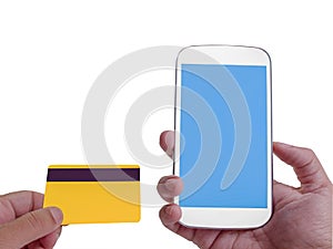 Online Banking on screen with smartphone.clipping path