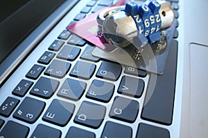 Online Banking Security Protectioin With Combination Lock On Credit Cards On Keyboard High Quality