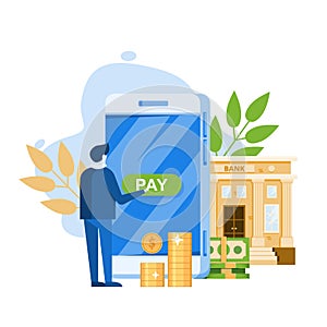 Online banking service, vector illustration. Human makes payment in bank app. Finance technology concept