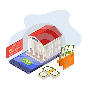 Online banking service, vector isometric illustration. Bank building on smartphone screen. Payment mobile app concept