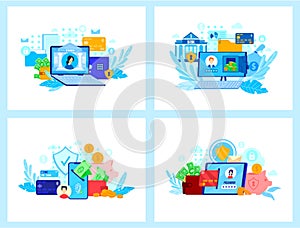 Online banking technology vector illustration, cartoon flat mobile app for electronic transfer money, customer support