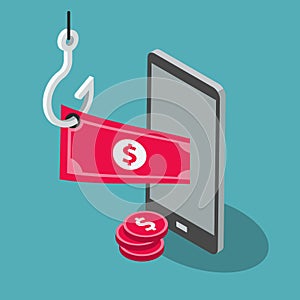 Online banking theft symbol with smartphone, red banknote and fishing hook isolated on blue background.