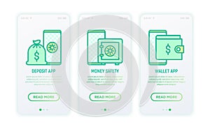 Online banking thin line icons: deposit app, money safety, wallet app. Modern vector illustration for for user mobile app