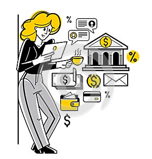 Online banking vector outline illustration, woman manager working with finances or customer manages her account with deposit or