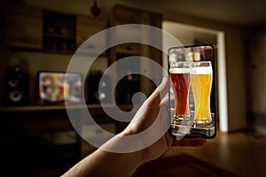 Online bar concept. Drinking with friends at home via smartphone or other gadgets