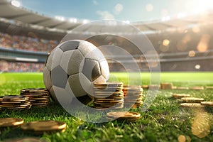 Online bet concept with coins and soccerball in a soccer stadium. Generative AI