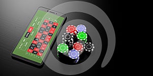 Online betting. Smartphone and casino poker chips on a black background, banner, copy space. 3d illustration